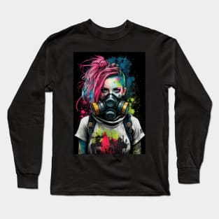 Punk Girl Wearing Gas Mask | Post-apocalyptic | Anarchist Streetwear | Punk Fashion | Colorful Punk Artwork | Tattoos and Piercings | Paint Splash Long Sleeve T-Shirt